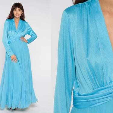 Grecian Maxi Dress 70s Party Dress Blue Chiffon Pleated Dress 1970s Boho Empire Waist Deep V Neck Gown Formal Dress Long Sleeve Large 12 