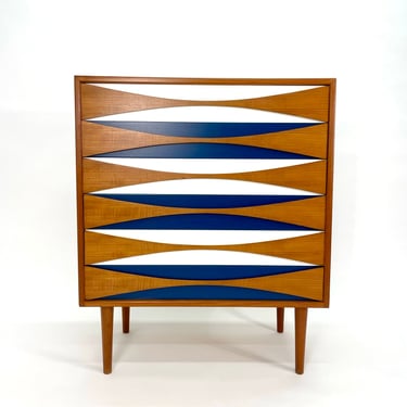 Niels Clausen Teak and Teak Highboy Dresser with Blue and White