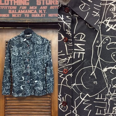 Vintage 1960’s “Puccini” Label Graffiti Print Top, Vintage Shirt, Vintage Designer, Polyester Shirt, Disco Shirt, Vintage Clothing 