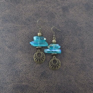Raw quartz green crystal earrings, rustic boho chic earrings, unique geode, bronze 2 
