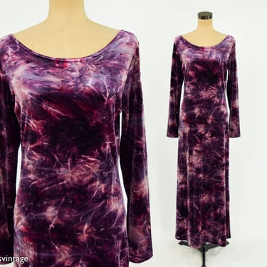 1990s Purple Tie Dye Velvet Maxi Dress | 90s Purple Velvet Maxi Dress | Large 