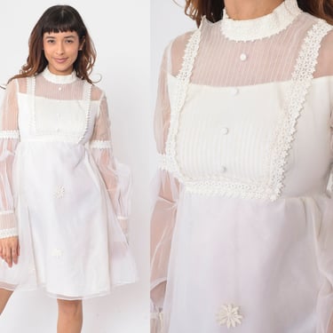 60s Wedding Dress White Chiffon Bib Babydoll Mini 1960s Mod Boho Victorian Illusion Neckline Empire Waist Sheer Puff Sleeve Vintage Small 