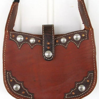 Leather Cowgirl Purse, Vintage Western Shoulder Bag, Dark Brown with Round Silver Conchos & Amber Rhinestones, Medium Size 