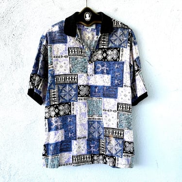 Vintage 80s 90s Hawaiian Barkcloth Petroglyphs Aloha Shirt Hawaii Pattern Collared Top 