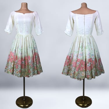 VINTAGE 50s 60s Unique Off Shoulder Tulip Border Print Crinoline Dress | Cotton Voile 1950s 1960s MCM Full Sweep Party Dress | VFG 