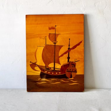 Vintage USSR RIGA Artikus Inlay Picture Marquetry Sailing Galleon Detail Mid-Century 