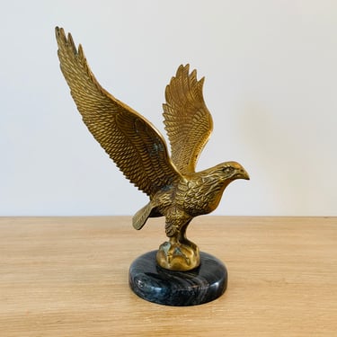 Vintage 9 Inch Tall Brass Eagle Sculpture on Marble Base 