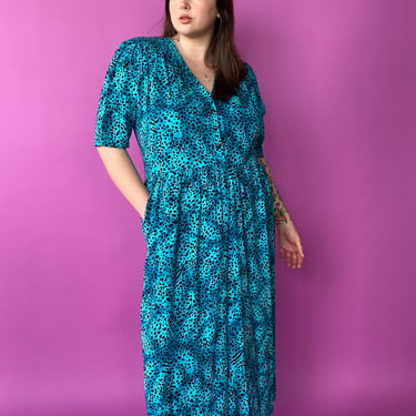 1980s Teal Spotted Dress, sz. 2X