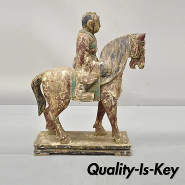 Chinese Polychrome Carved Wood Tang Horse and Rider Statue Sculpture