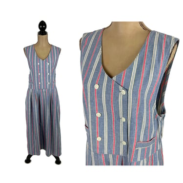 L 90s Chambray Stripe Long Pinafore Dress Large, Casual Maxi Dress, Cotton Jumper Dress Sleeveless 1990s Clothes Women Vintage BRYN CONNELLY 