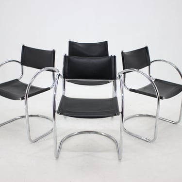 1970s Set of Four Chrome and Leather Tubular Chairs, Czechoslovakia / Vintage Chairs / Mid-century 