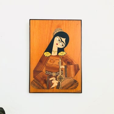 Vintage Persian Girl with Instrument Wood Art Painting 