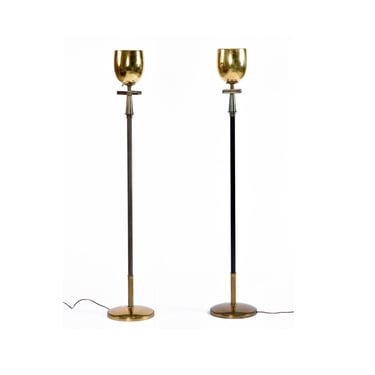 Pair of Art Deco Regency Greek Key Brass Chalice Stiffel Torchiere Floor Lamps Set 