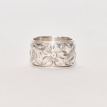 Floral Engraved Sterling Silver Band Ring, 11.5mm Wide Band, Art Nouveau Revival, Size 6 US 