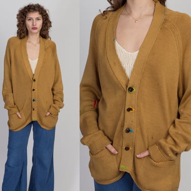 70s Darned Mustard Yellow Wool Knit Cardigan - Men's Medium | Vintage Unisex Suede Elbow Patch Button Up V Neck Sweater 