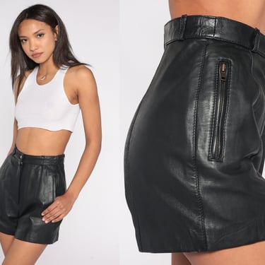 Black Leather Shorts 80s Shorts Club Going Out Shorts Party Trouser Shorts High Waisted Retro Boho 1980s Vintage Bohemian Extra Small xs 