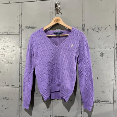 Vintage Lavender V Neck Cable Knit Polo Ralph Lauren Sweater 