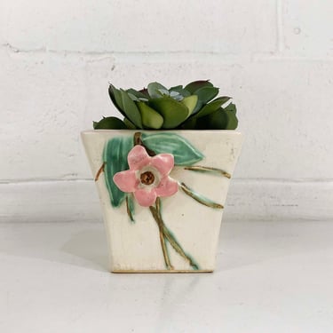 Vintage McCoy Planter Blossom Time Mid-Century 1940s 40s White Ceramic Planter Pink Hand Painted Square Vase 