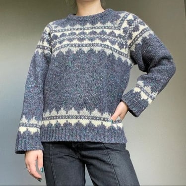 Vintage Hand Loomed Wool Gaeltarra Irish Blue Fair Isle Elbow Patch Sweater Sz M 
