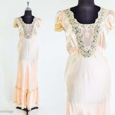1930s Pale Pink Long Nightgown  | 30s Peach & Lace Nightgown | Small 
