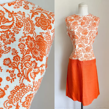 Vintage 1960s Orange Paisley Drop Waist Dress / M 