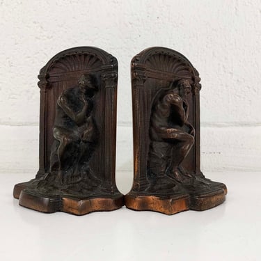 Vintage Cast Metal Art Deco Thinking Man Bookends The Thinker Figurine Home Decor Bookcase Book Shelf 1940s 1950s 