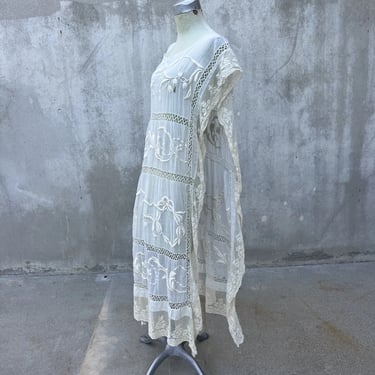 Antique 1920s Tabard Dress Embroidered Wreaths  Cotton Lace Open Sides Vintage
