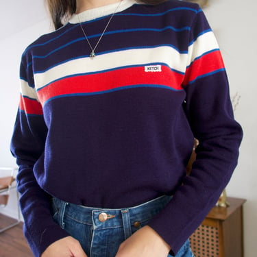 Vintage 80's Ketch Striped Red White and Blue Patterrned Knitted Pullover Sweater 