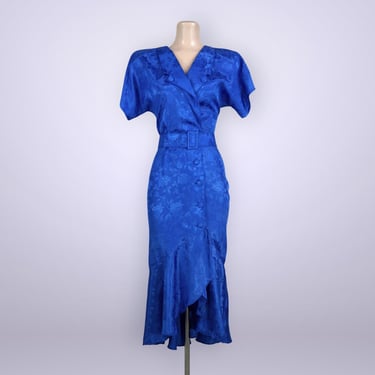 VINTAGE 1980s Nuance Peplum Wrap Dress | Cobalt Satin Jacquard | 80s Bombshell | Retro 80s Does 40s Style | VFG 