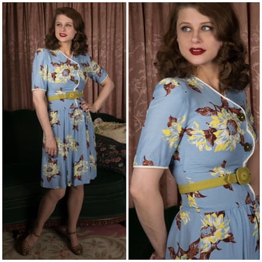 1930s Dress - Fabulous Late 30s Magnolia Floral Print Juniors Dress in Yellow and Brown on Sky Blue 