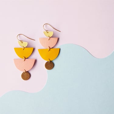 SUNSET-  Mustard + Pink tiered reclaimed leather earrings - Halfmoons and Brass Circles 