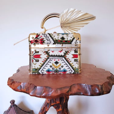1950s needlepoint train case, rockabilly tribal box purse, gold handbags, makeup case, vintage purse, southwestern, vintage accessories 