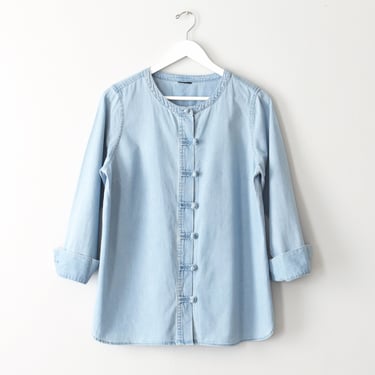vintage denim shirt with knot buttons, mandarin collar blouse, size m / l 