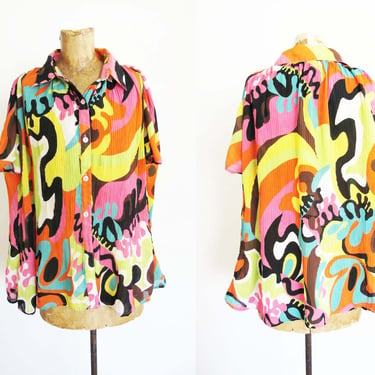 Vintage 2000s Matisse Style Abstract Shape Wrinkle Plisse Top M L - Textured Colorful Geometric Y2K Artsy Blouse 