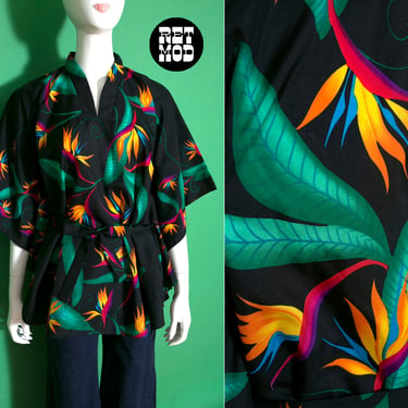 Fab Caftan Style Tropical Vintage Top with Bird of Paradise Print 