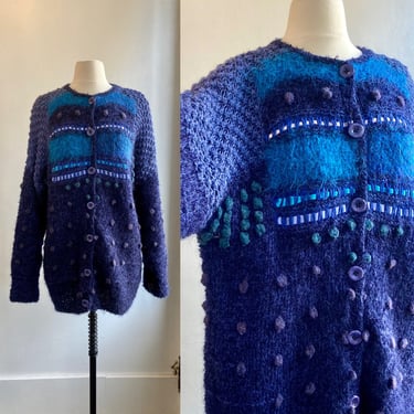 Vintage 80s HANDWOVEN Knit Cardigan / MOHAIR Wool + Popcorn Bobble + Ribbon Detail / Yvonne Bergin Ireland 