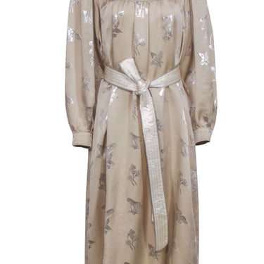 Tory Burch - Beige &amp; Cream Silk Maxi Dress w/ Silver Metallic Embroidery Sz L