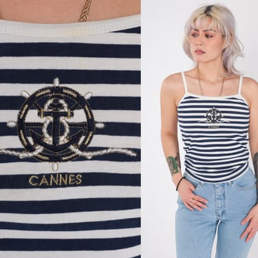 90s Tank Top Cannes France Shirt Blue White Crop Top Striped Spaghetti Strap Nautical Sleeveless Top 1990s Vintage Sailor Summer Small xs 