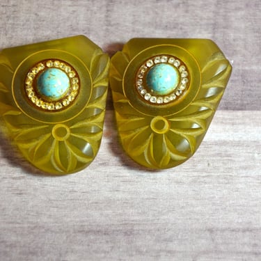 Apple Juice BAKELITE Fur Shoe or Dress Clip Set of 2 Art Deco c1930s Pair of Deeply Carved Rhinestone & Faux Turquoise RARE Collectible 