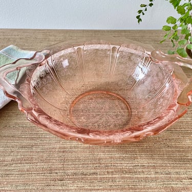 Vintage Pink Cherry Blossom Serving Bowl With Handles - Jeannette Glass Company 1930-1939 - Pink Depression Glass - Wedding Bridal Decor 