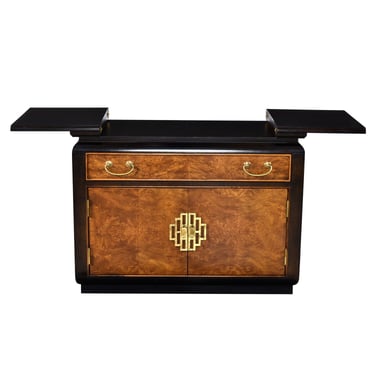 Asian Inspired Chinoiserie Black and Burl Wood Expanding Bar Cart Server 