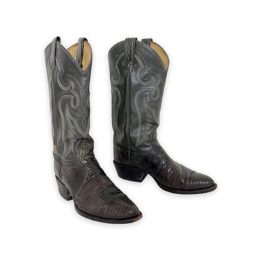 Vintage TONY LAMA 2-Tone Lizard Skin Cowboy Boots ~ men's 7 D / women's 8 1/2 ~ Western / Rockabilly ~ Exotic ~ Black Label ~ Unisex 