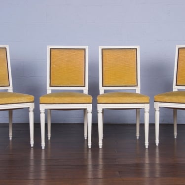 Antique French Louis XVI Style Square Back Painted Dining Chairs W/ Yellow Mohair- Set of 4 