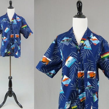 80s Hawaiian Shirt - Navy Blue Wailea Maui - All Cotton - BSR - Vintage 1980s Men's Top - M 41" chest 