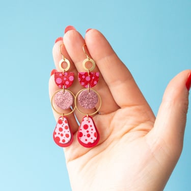 Glitter Goals Chandelier Drops - Reclaimed Leather Statement Earrings in Pink / Red 