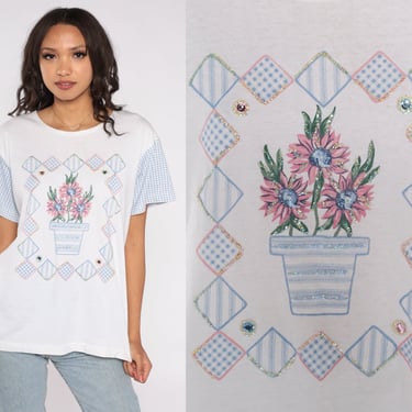 Glitter Floral T-Shirt 90s Beaded Sparkly Flower Graphic Tee Studded Rhinestone Tshirt Blue White Gingham Checkered Top 1990s Vintage Medium 