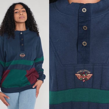 90s Color Block Sweatshirt Navy Blue Sweater Button Up Henley Sweatshirt Striped Green Pullover Saugatuck Dry Goods Vintage 1990s Small 