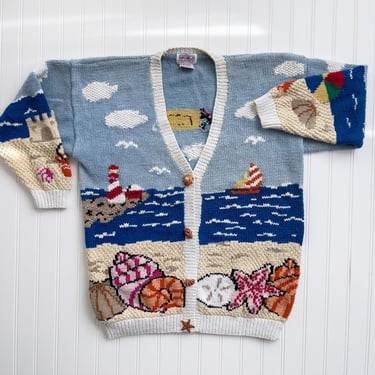 novelty cardigan sweater 90s vintage PBJ Sport beach ocean seashell lighthouse hand knit sweater 