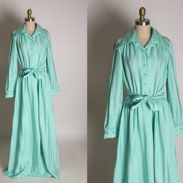 1970s Sea Foam Green Striped Long Sleeve Full Length Formal Dress -L 