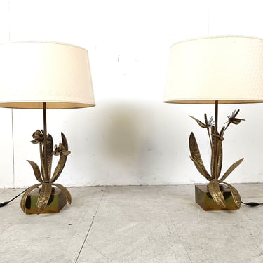 Pair of Bronze flower table lamps, 1970s - vintage flower table lamps - mid century bronze table lamps - vintage french table lamps 